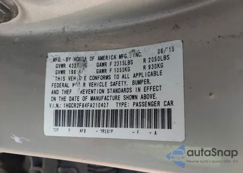 2015 Honda Accord Ex-L from USA, damaged, VIN 1HGCR2F84FA210407